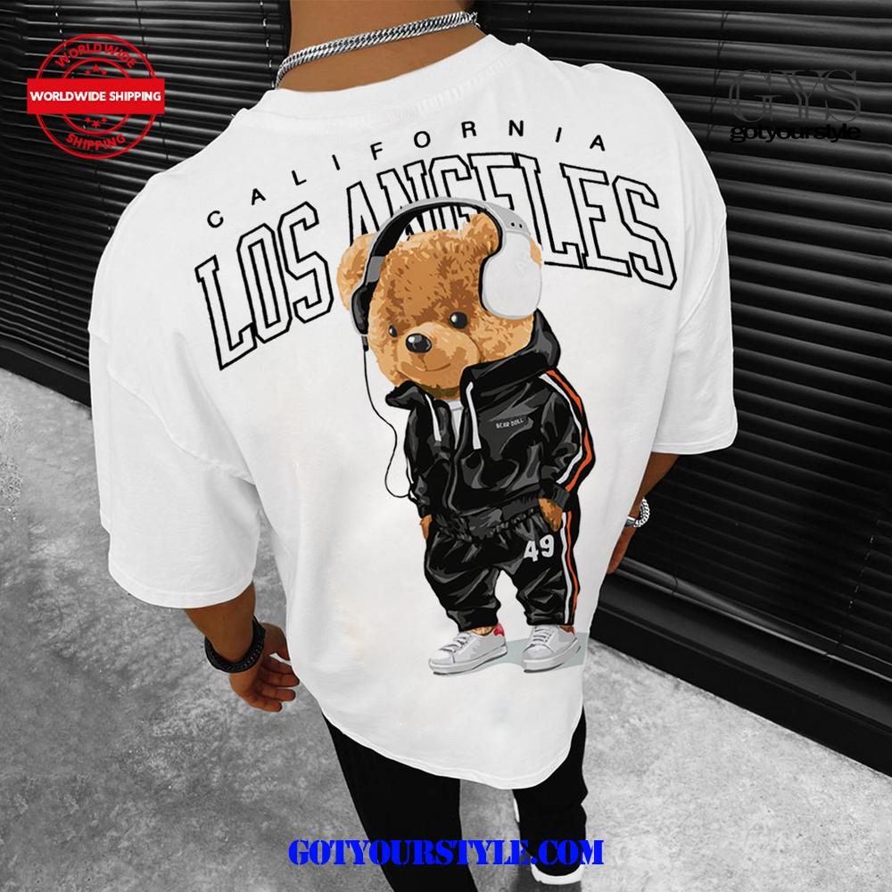 Mens Fashion Casual Los Angeles Bear Print T-Shirt