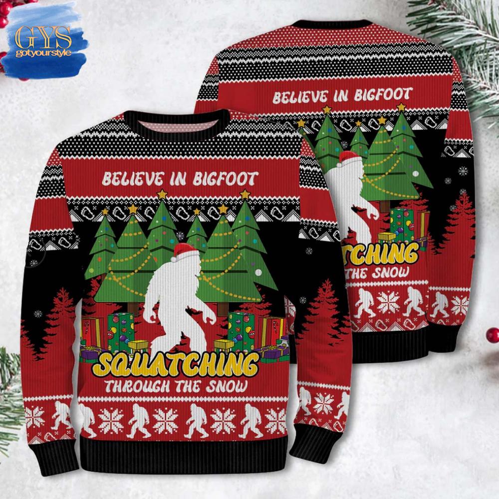 Bigfoot Squatching Through The Snow Christmas Ugly Sweater