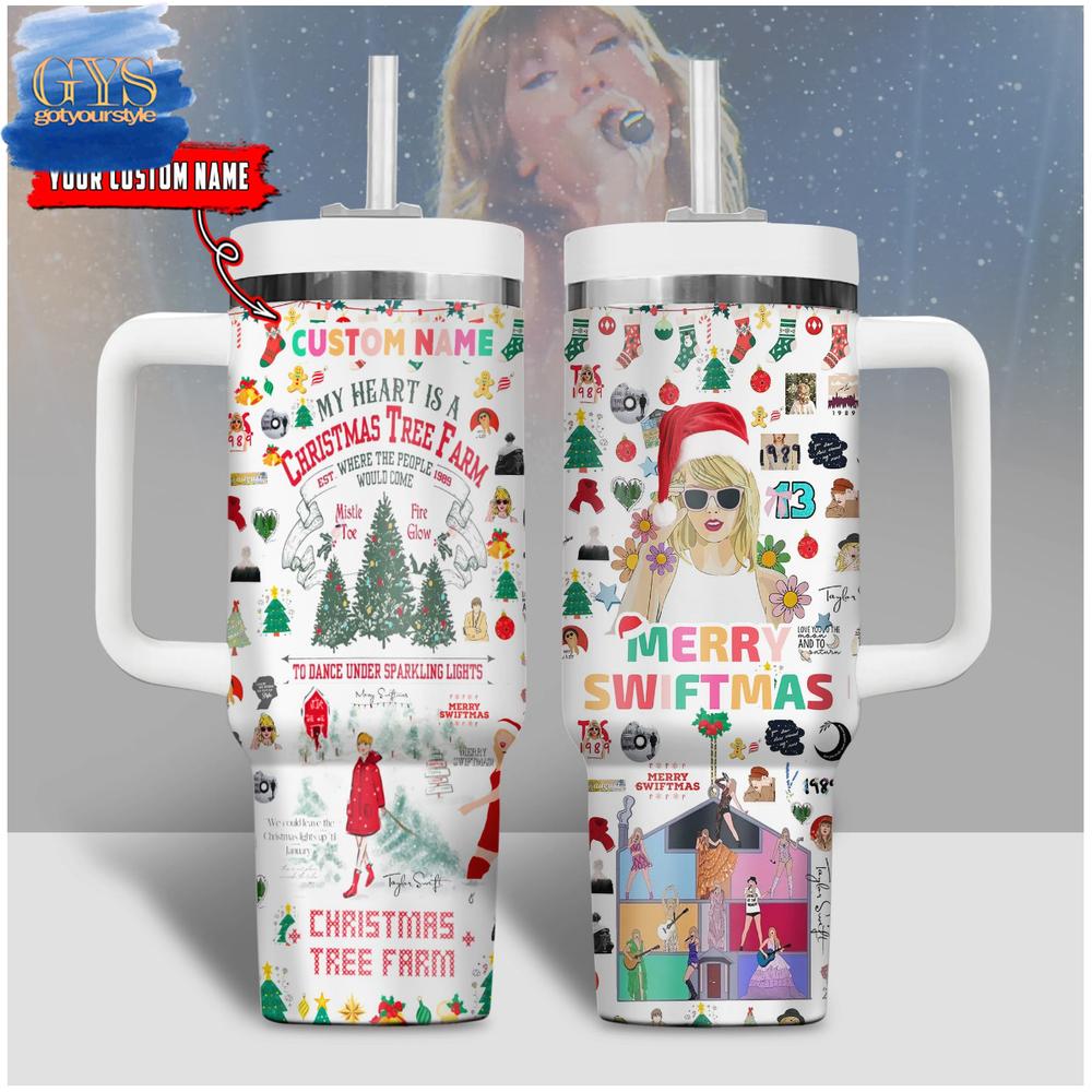 Merry Swiftmas Taylor Swift Christmas Tree Farm 40 Oz Handle Tumbler