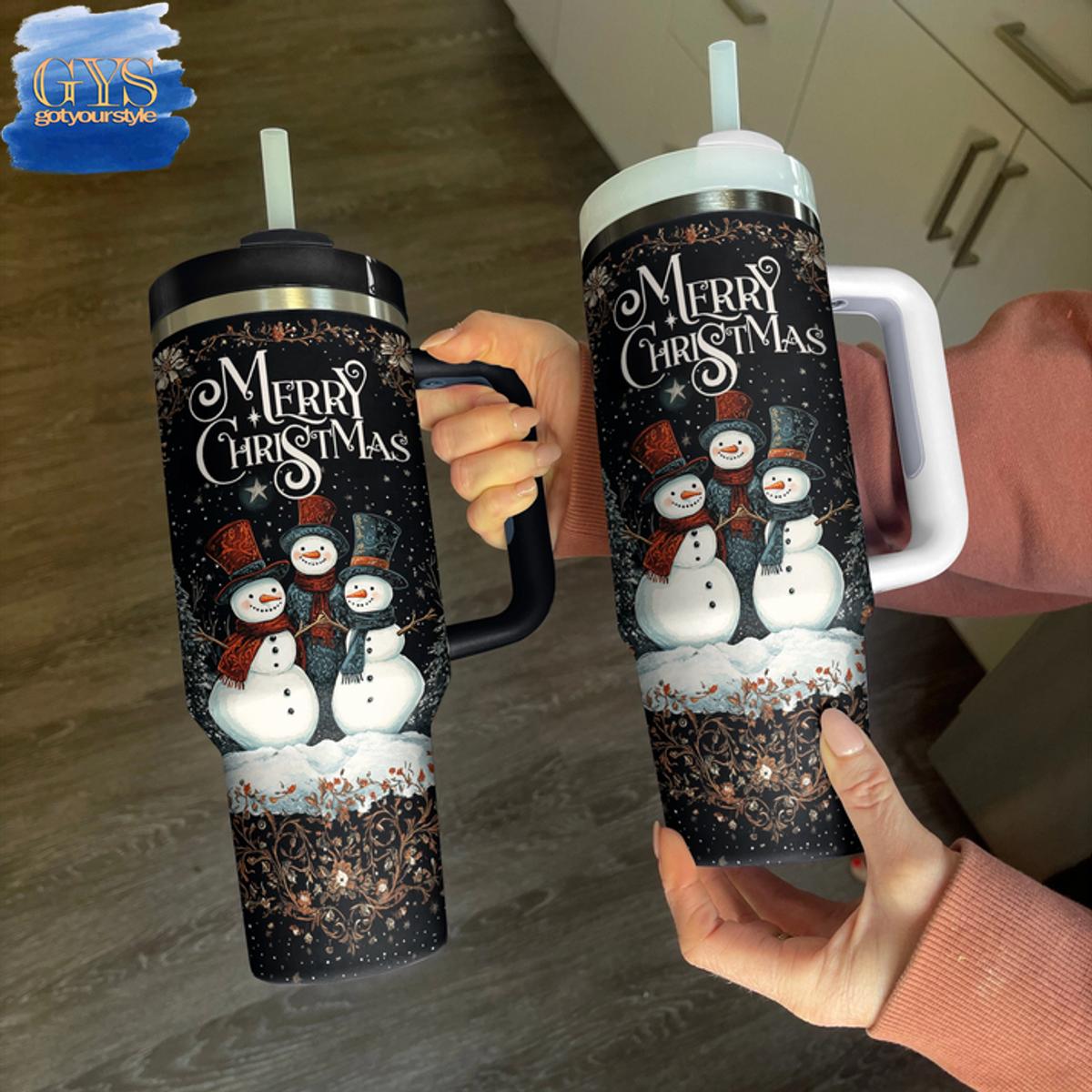 Vibrant Christmas Night Of Snowmen 40 Oz Handle Tumbler