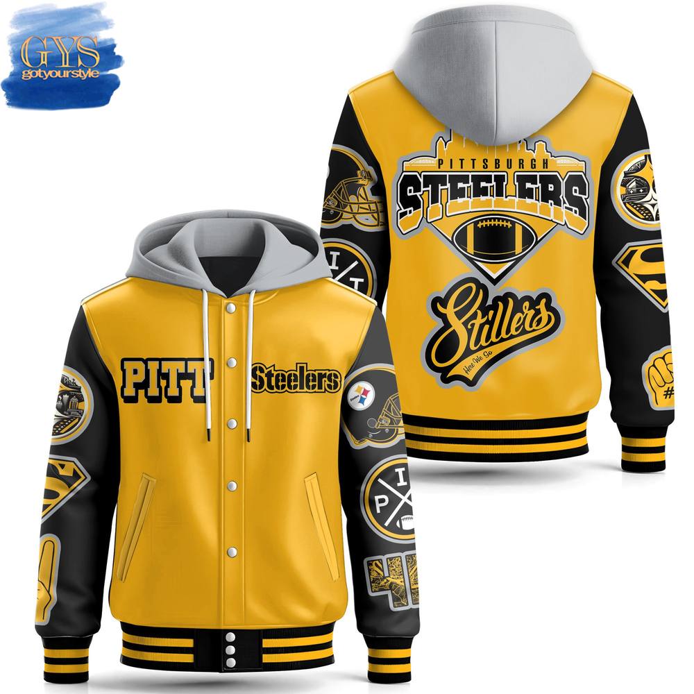 Pittsburgh Steelers Stillers Here We Go Hooded Baseball Jacket