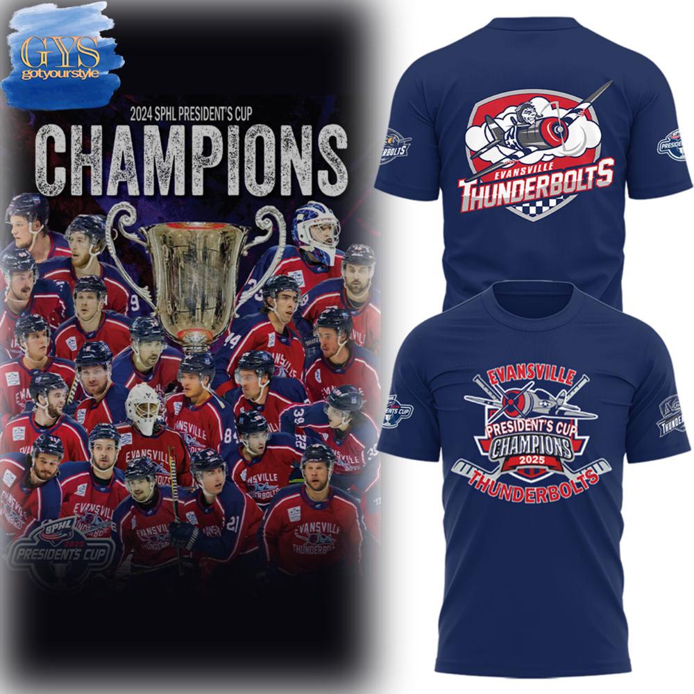 Evansville Thunderbolts Hockey 2025 PRESIDENT’S CUP CHAMPIONS T-Shirt